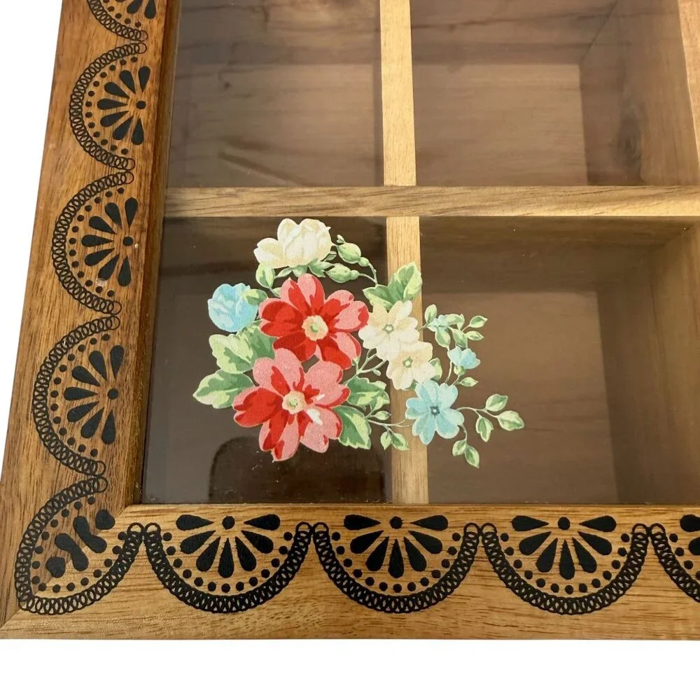 THE PIONEER WOMAN Wooden Tea Box Organizer Country Vintage Floral 8 Compartments - Picture 4 of 16